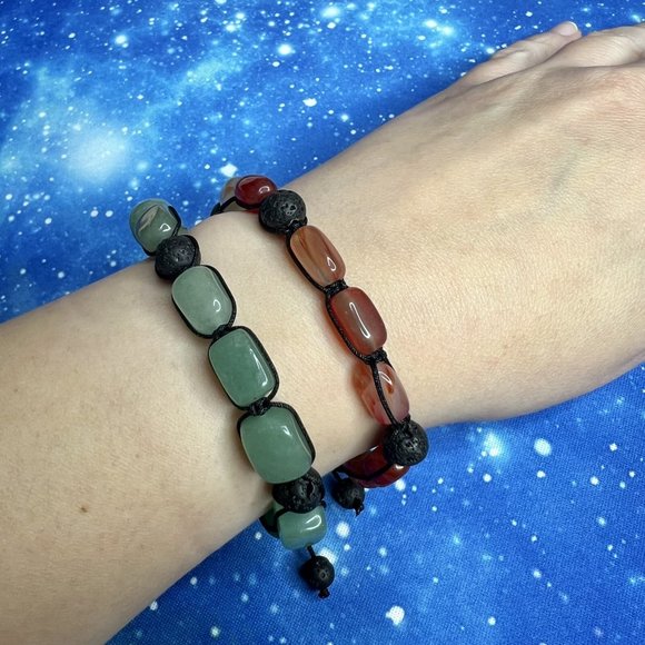 Unisex Red Agate Stone & Black Lava Rock Beaded Adjustable Braided Rope Bracelet - Picture 5 of 6